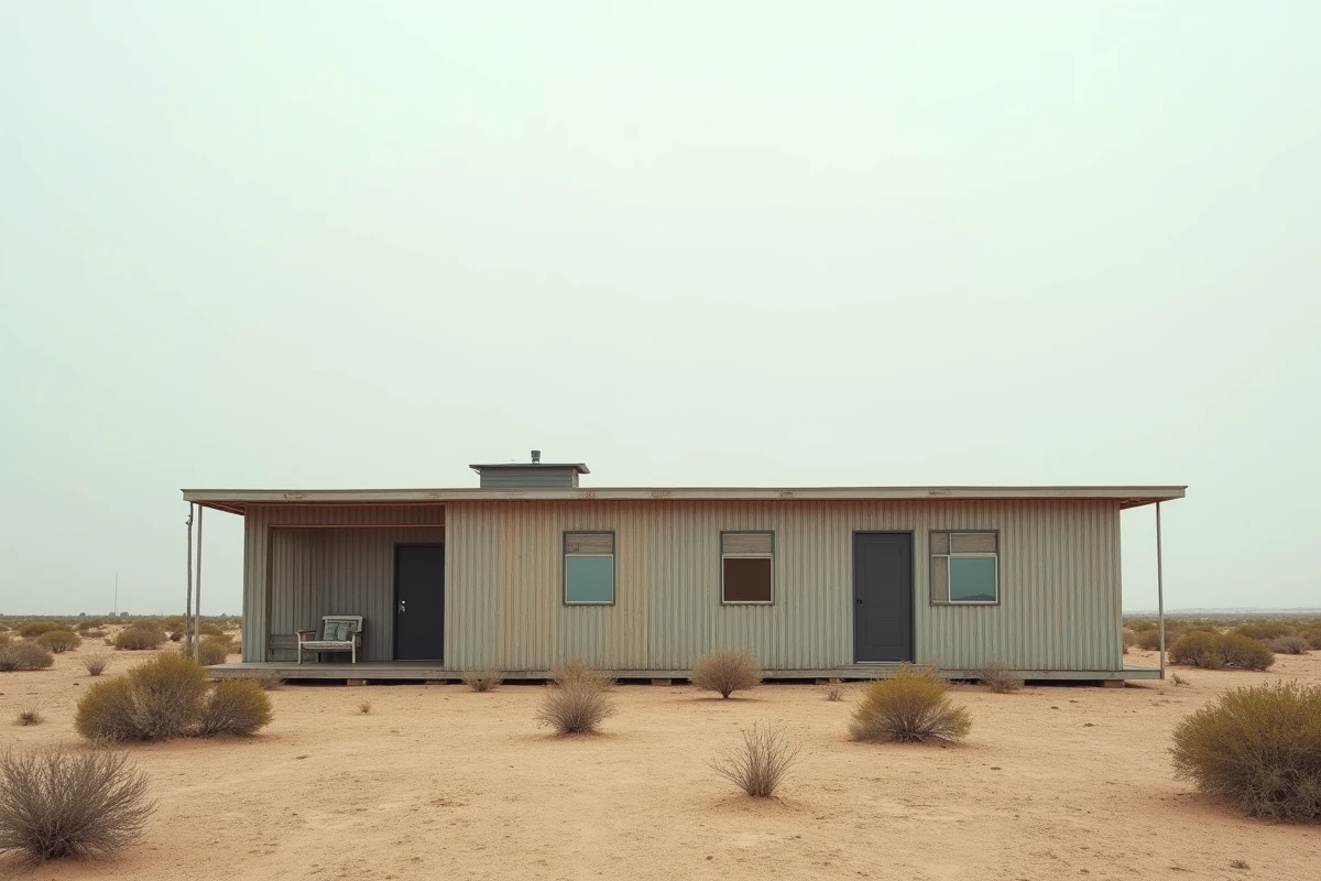 Maison modulaire minimaliste dans un paysage désertique du Texas, résidence discrète de style ranch entourée de végétation aride