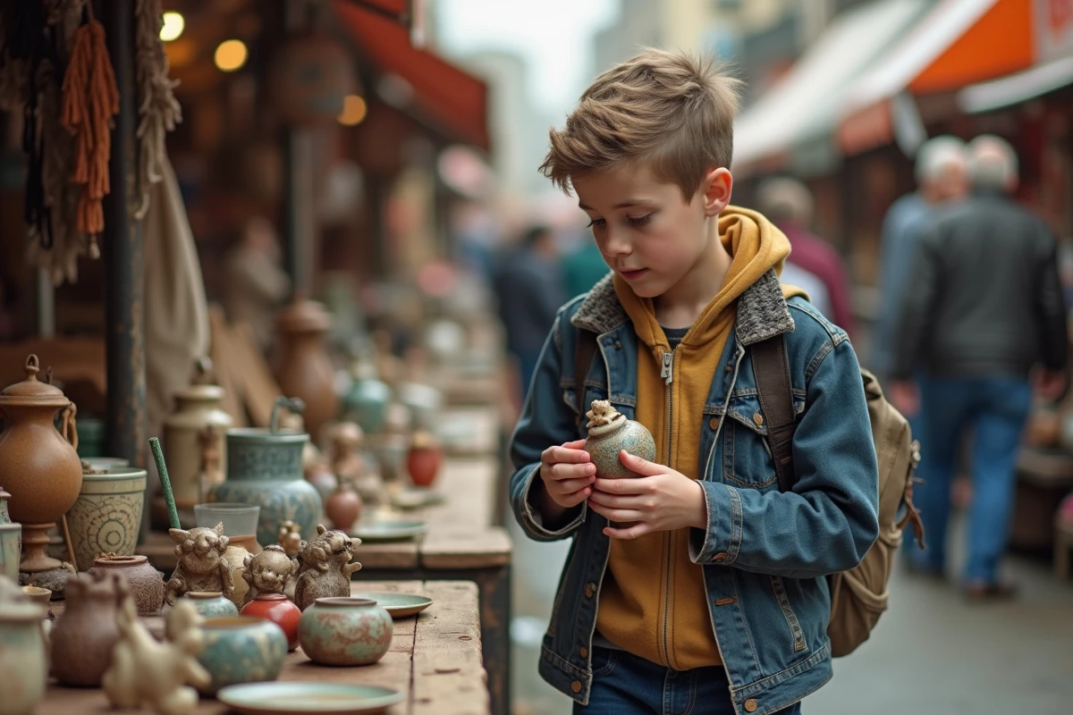 Adolescent inspectant des objets anciens sur un stand de brocante en plein air, tenant une figurine en céramique pour la revendre