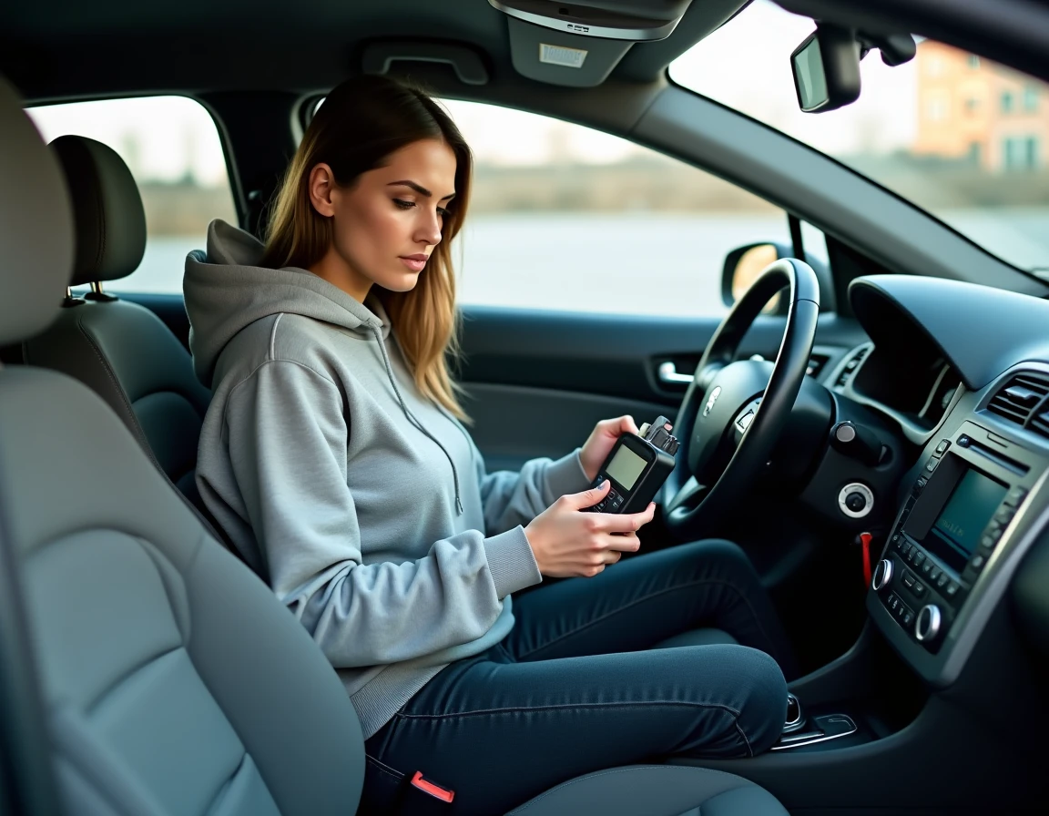 Femme utilisant un scanner OBD2 pour réinitialiser le voyant ESP sur une Peugeot 407
