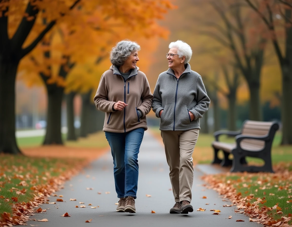 Deux femmes seniors marchant ensemble dans un parc en automne, souriant et bavardant pour rester actives