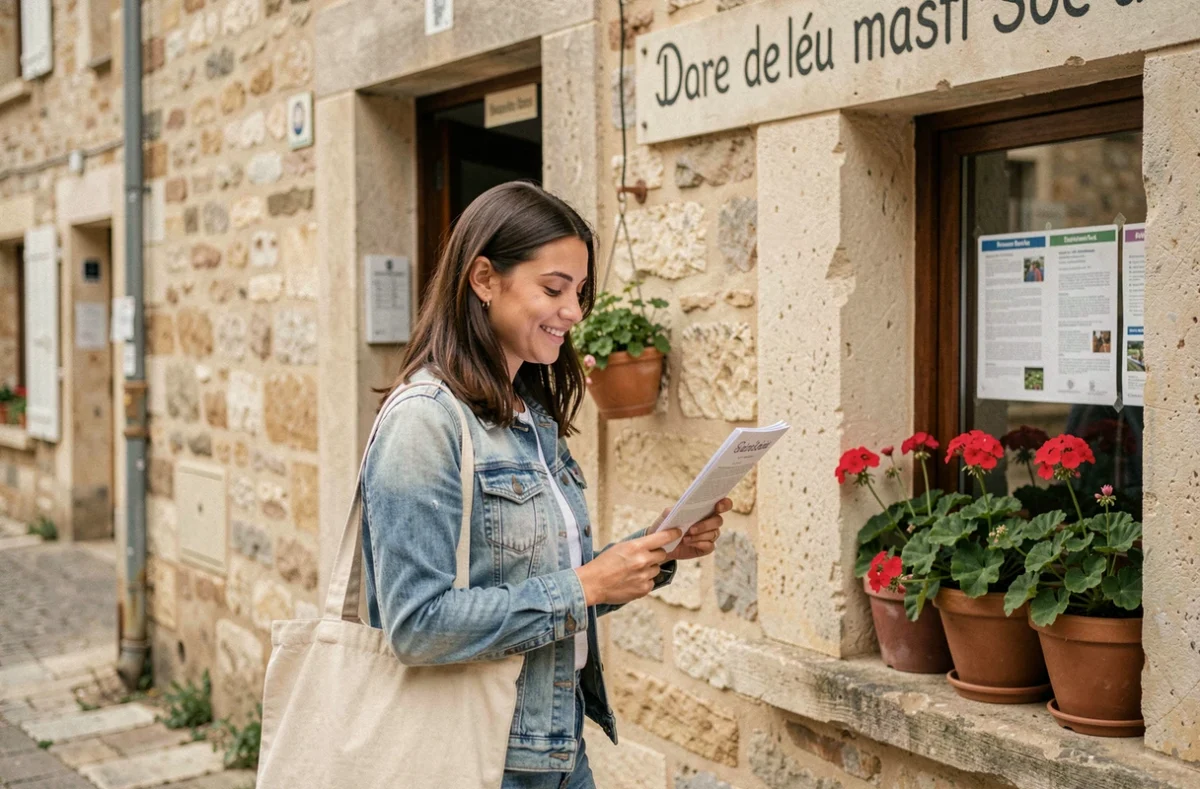Jeune femme sortant d'un service municipal du Pays d'Apt tenant un document, devant une façade en pierre provençale avec des géraniums en pot
