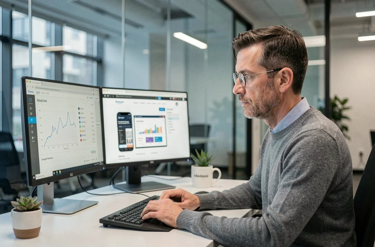 Spécialiste en marketing digital analysant les performances SEO et la stratégie de présence en ligne sur double écran