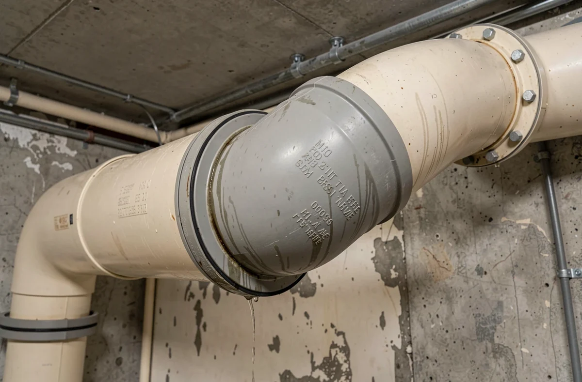 Vue détaillée d'un système de siphon inversé en PVC installé dans un sous-sol technique, illustrant la courbure et les raccords du mécanisme hydraulique