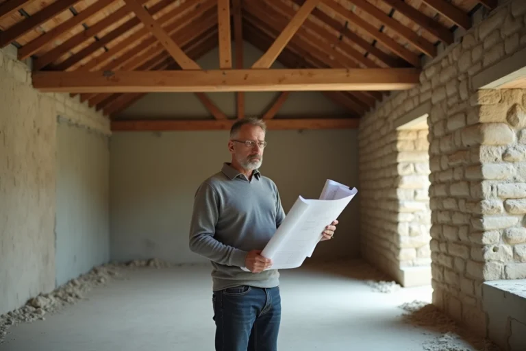 Architecte examinant les plans à l'intérieur d'une grange agricole en cours de transformation en habitation, avec murs en pierre apparente et poutres en bois