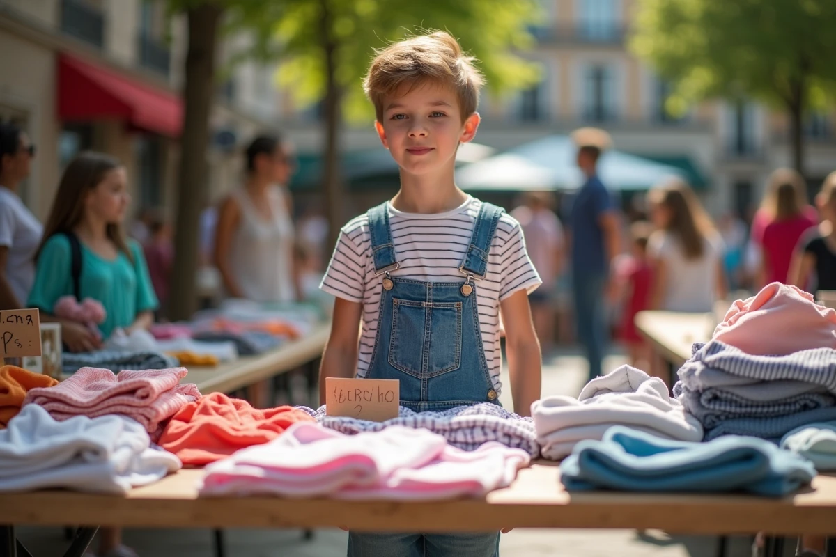 Adolescent vendant ses jouets et vêtements d'occasion sur une table lors d'un vide-grenier en plein air