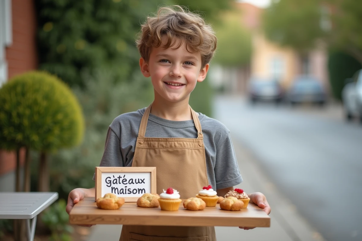 Adolescent organisant une vente de gâteaux maison devant une maison avec une table garnie de cupcakes et biscuits et une pancarte écrite à la main