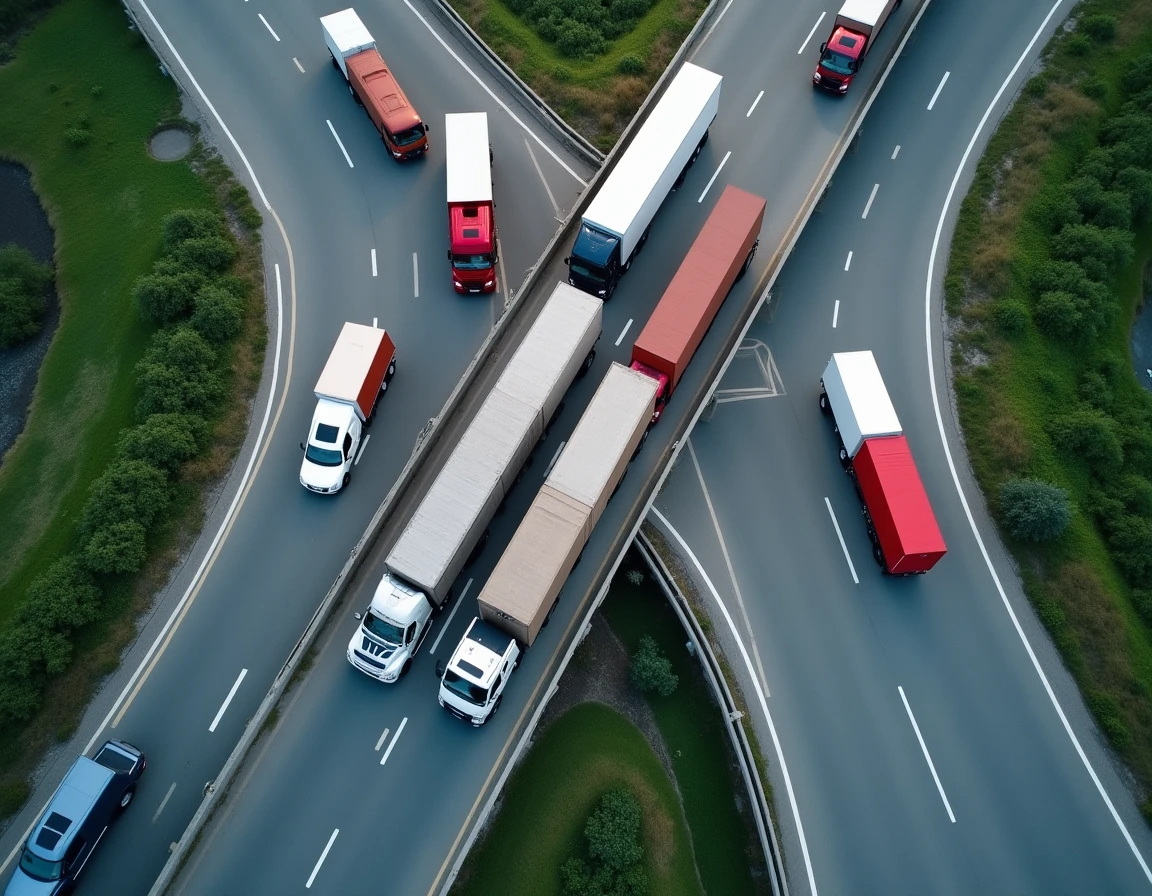 Vue aérienne d'un échangeur autoroutier avec de nombreux camions de fret en circulation illustrant les flux du transport routier